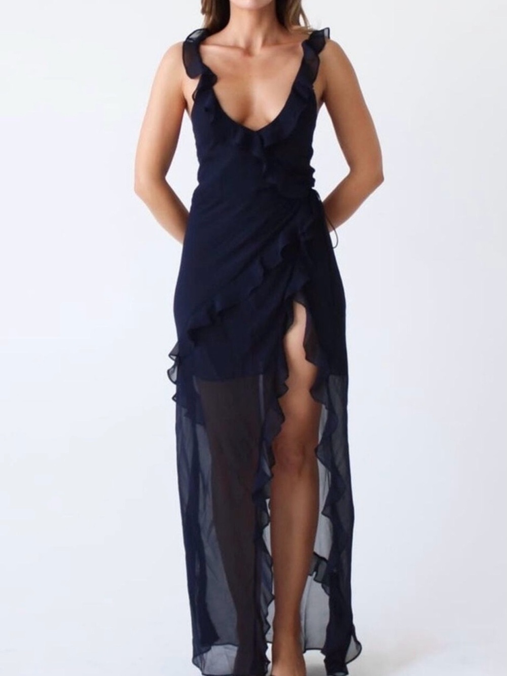 Rumored Just Like Heaven Navy Ruffle High-Low Maxi Dress